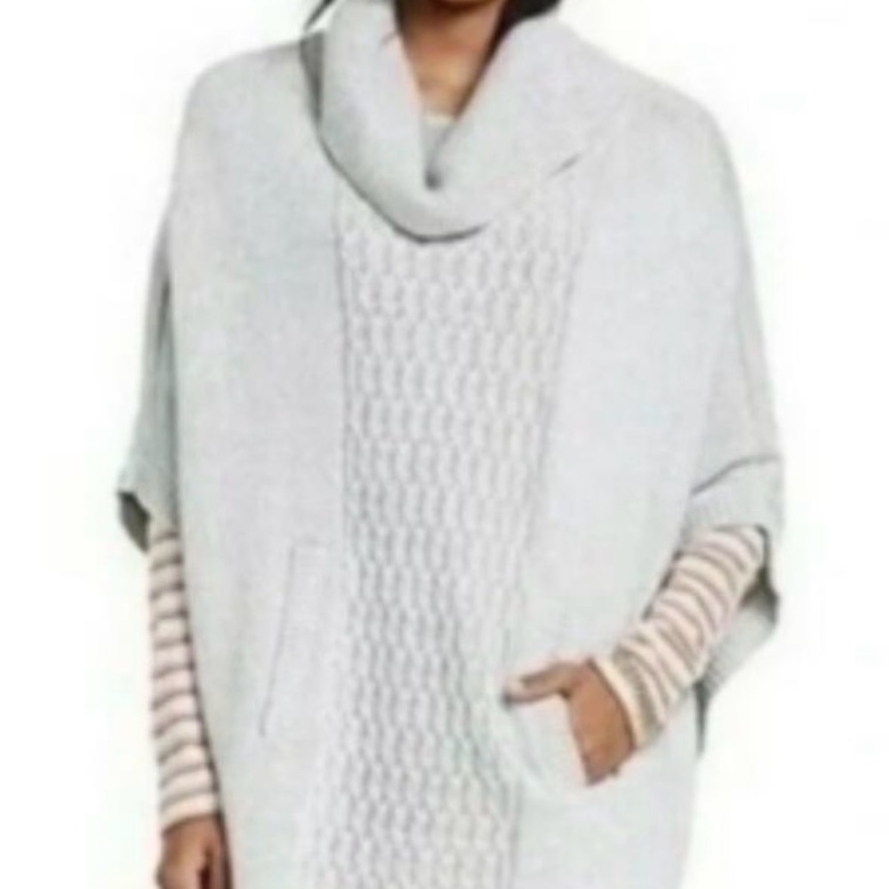 CAbi Light Gray Cable-Knit Poncho with Cowl Neck